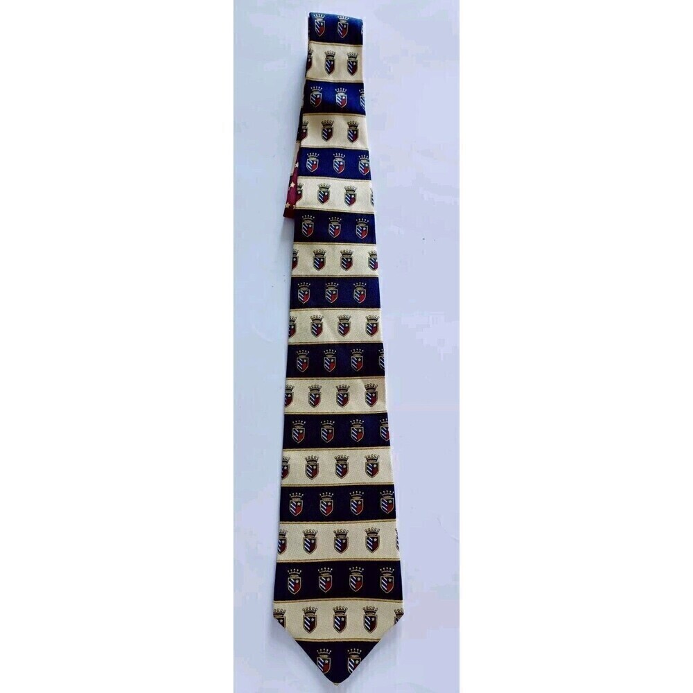 Tommy Hilfiger Neck Tie Crest 100% Italian Silk Yellow Red Navy Blue Tie Vtg 90s